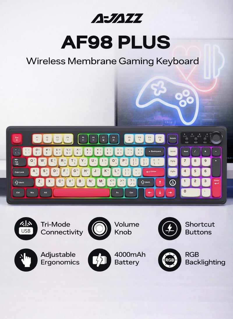 A-jazz AF98 PLUS Tri-Mode Wireless Membrane Keyboard, 97-Key Compact Layout with Numpad, Bluetooth/2.4G/USB-C, RGB Backlit, Volume Knob, 4000mAh Battery, for Windows Mac Android - Image 1